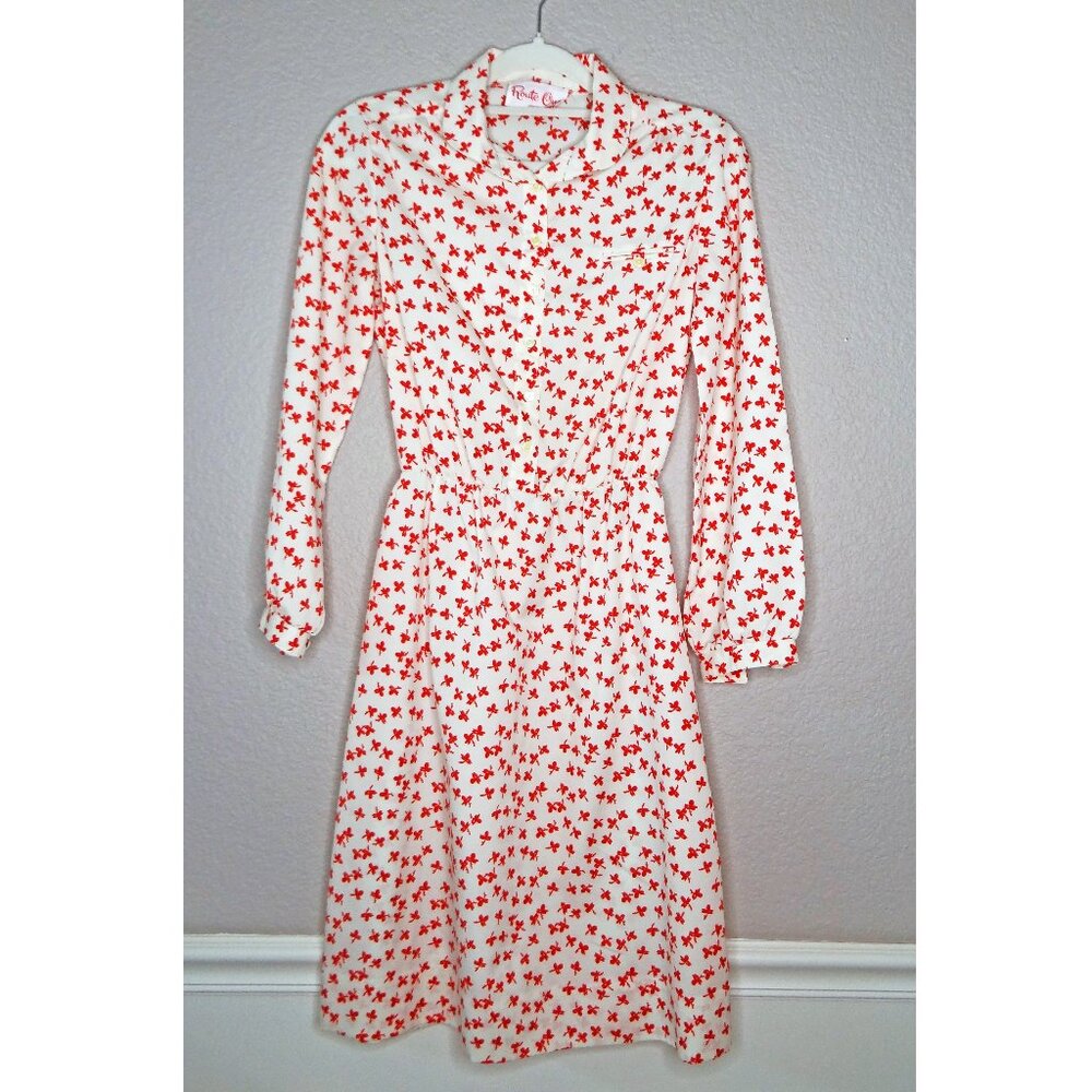 Vintage 60s Route One Long Sleeve Red and White Print Dress Sz Small